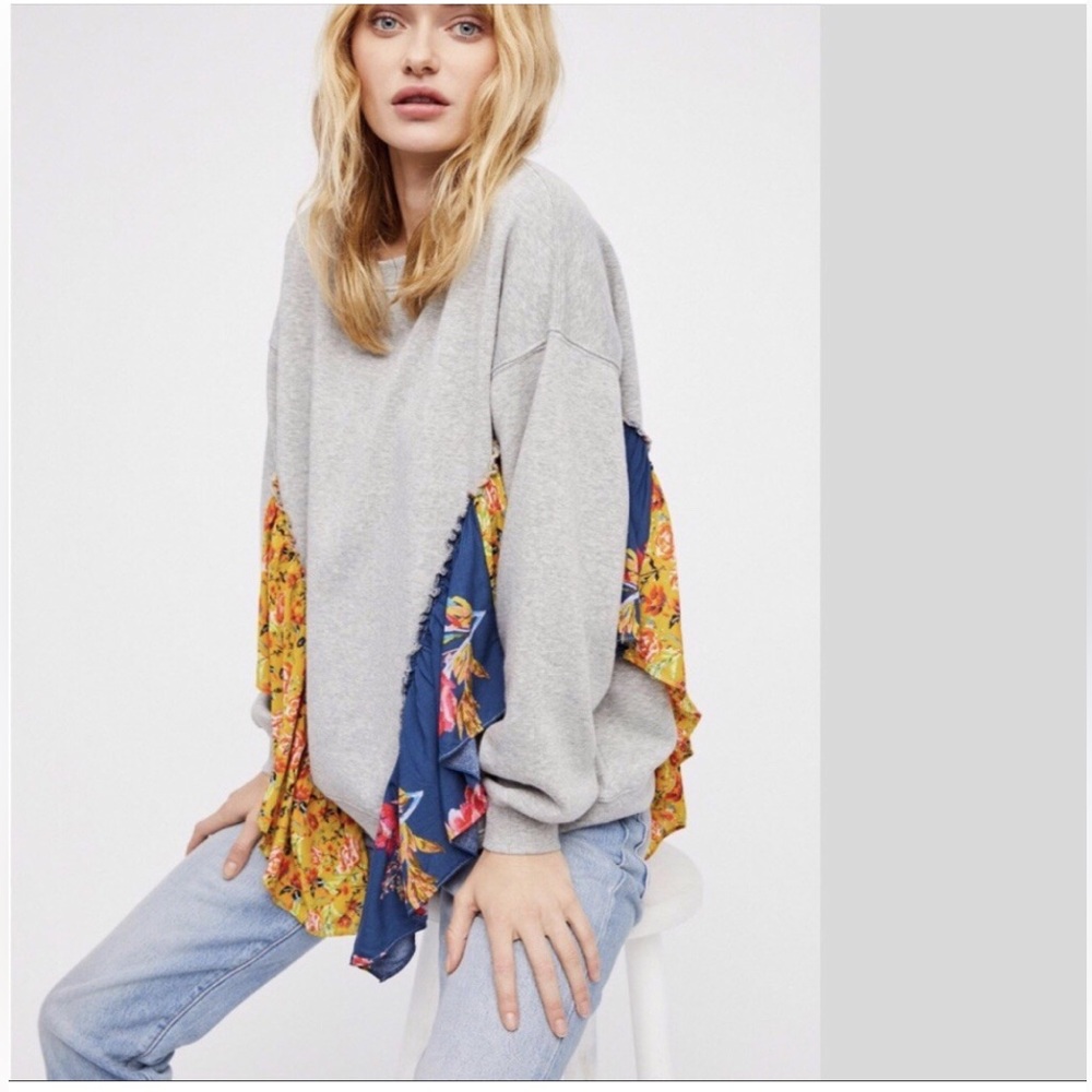 Free People Gray Oversized Sweatshirt with Yellow and Blue Floral Accents